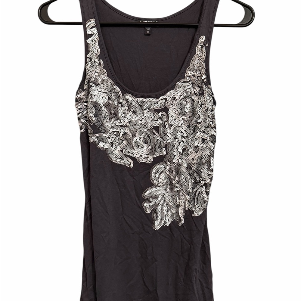 Express Silver Sequined Dark Grey Tank